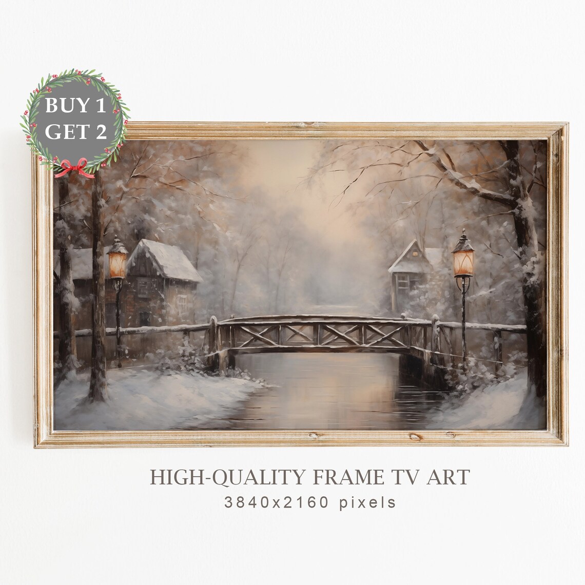 Snowy Wooden Bridge Village Moody Winter Night Scene Art Poster