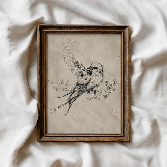Vintage Bird Sketch Minimalist Nature Line Drawing Rustic Summer Wall Art Farmhouse Beige Decor
