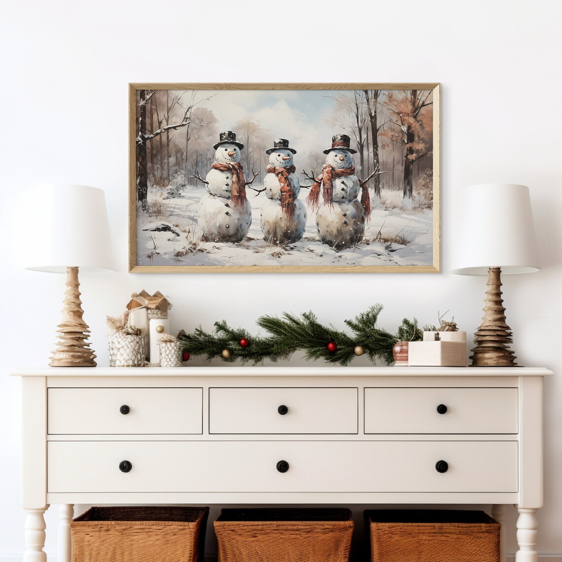 Winter Snowmen TV Frame Art, Vintage Christmas Decor - Image 2