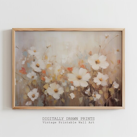 Ethereal White Wildflowers Soft Beige Misty Meadow Floral Wall Art