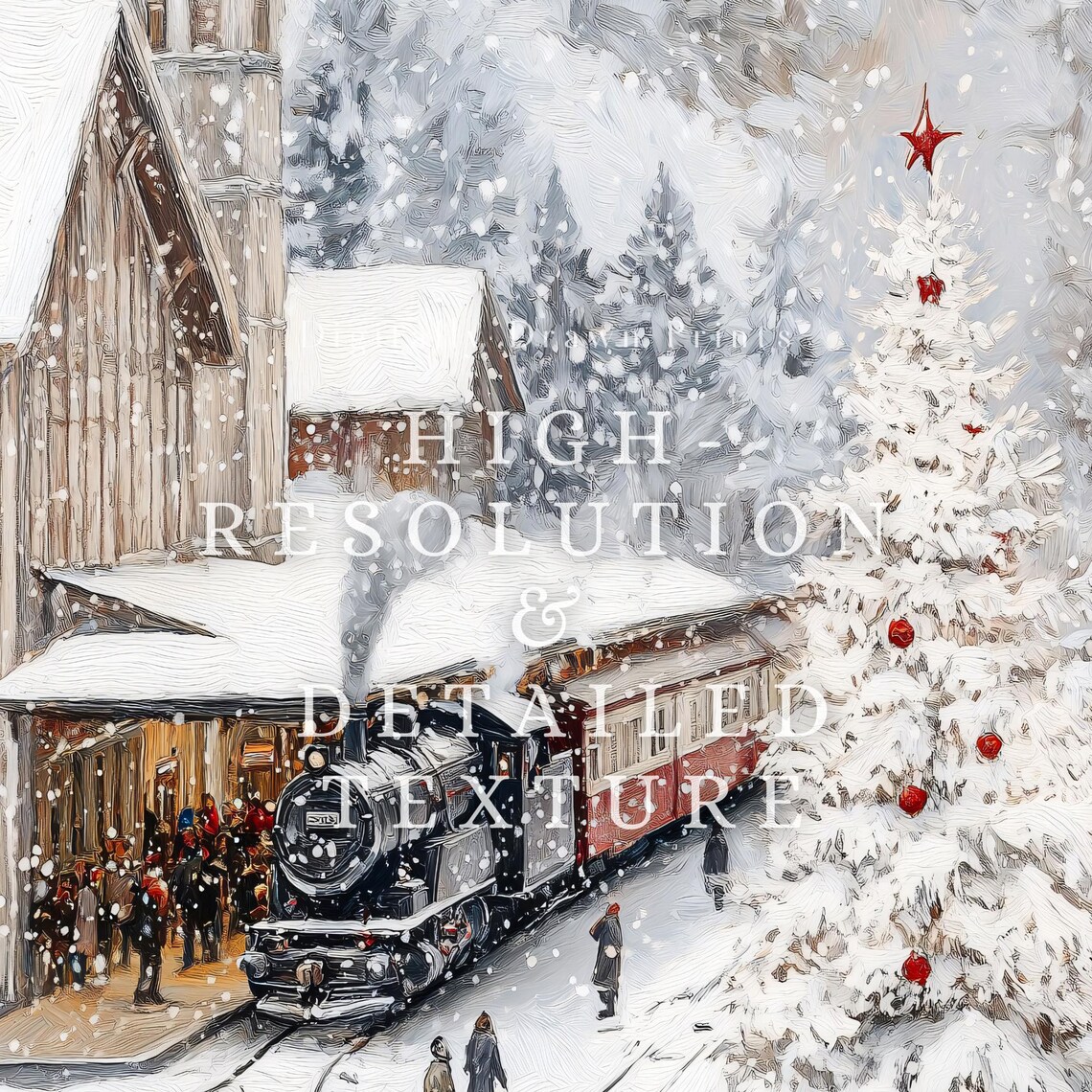 Vintage Christmas Train Station Art Print, Holiday - Image 2