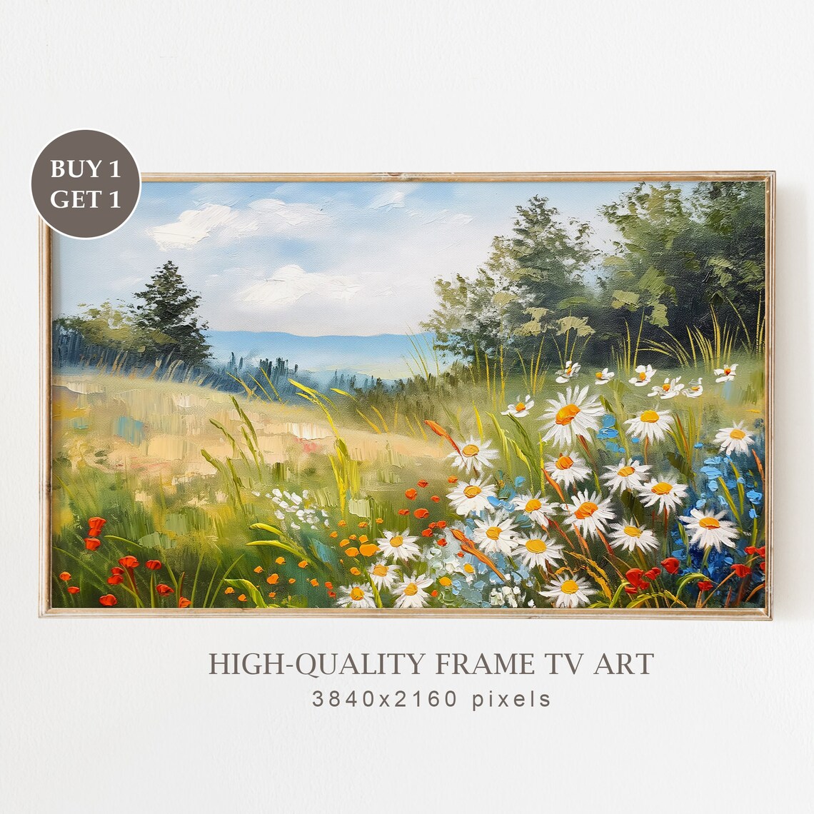 Sunny Summer Wildflower Meadow Daisies Lake Trees Vintage Landscape Poster
