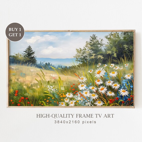 Sunny Summer Wildflower Meadow Daisies Lake Trees Vintage Landscape Poster