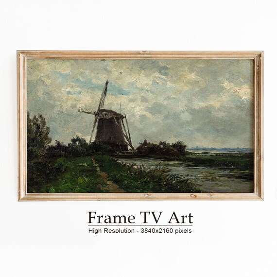 Dutch Windmill Beside Canal Moody Sky Vintage European Landscape Poster