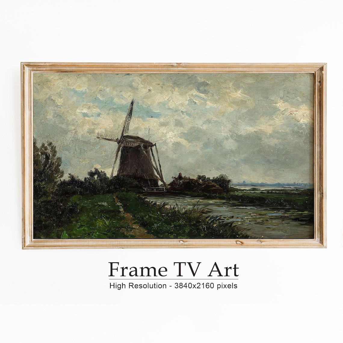 Dutch Windmill Beside Canal Moody Sky Vintage European Landscape Poster
