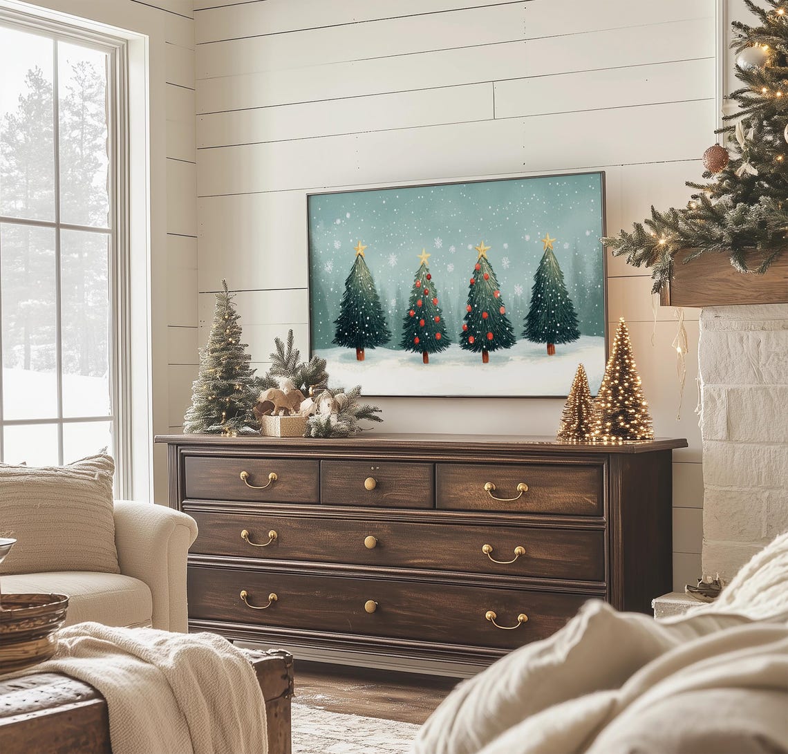 Decorated Christmas Trees Gold Star Teal Snowy Cozy Holiday Poster - Image 4