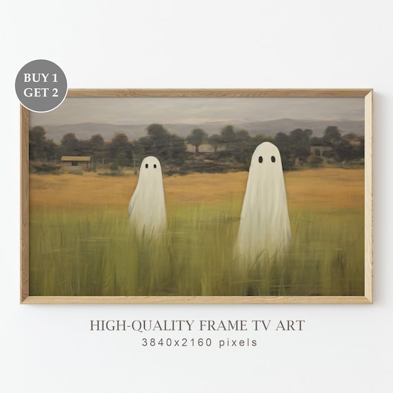 Cute Sheet Ghosts In Green Autumn Meadow Vintage Halloween Field Print