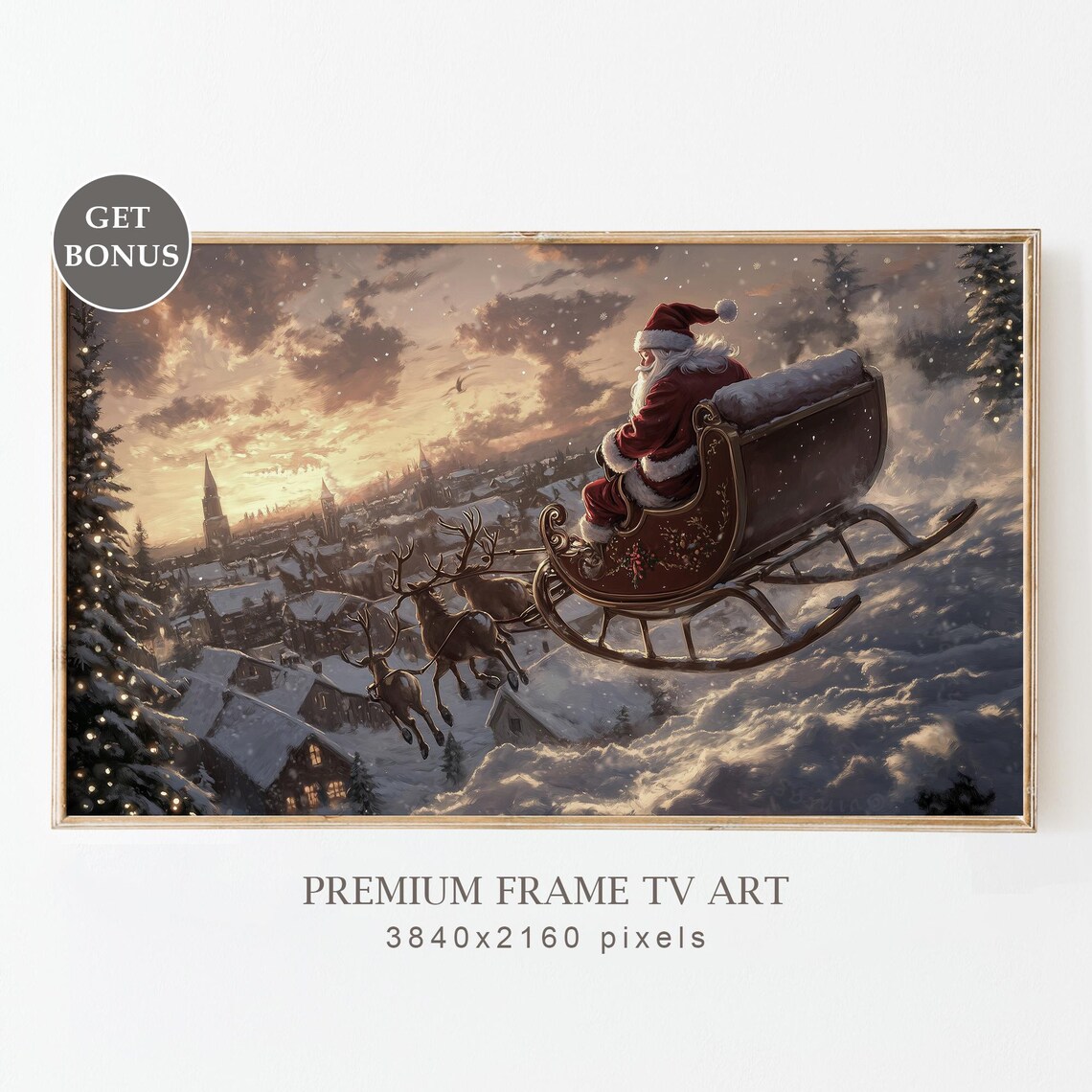 Santa Claus Sleigh Ride Over Snowy Village Vintage Christmas Night Poster