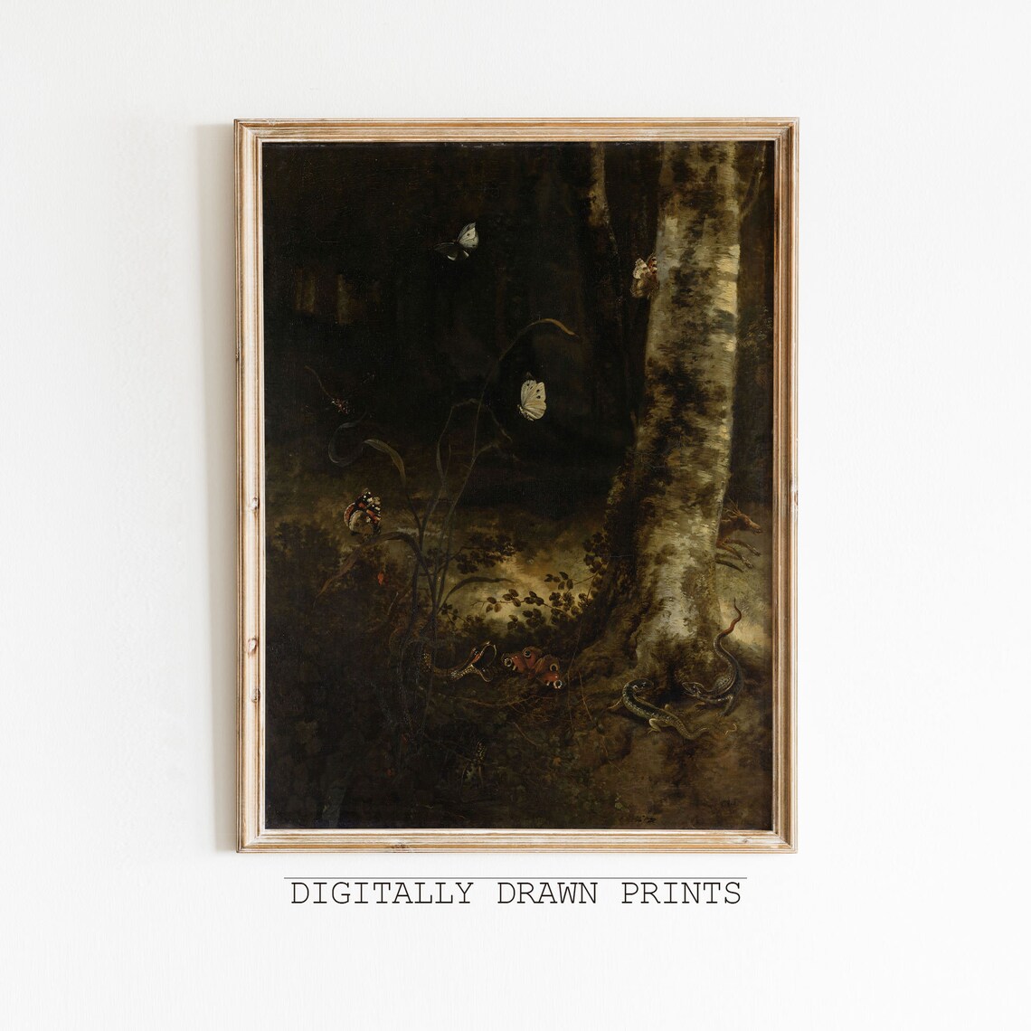 Dark Forest Butterflies Lizards Moody Vintage Woodland Oil Art Print