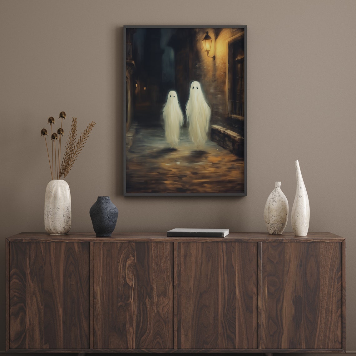 Two Ghosts in Lamplit Old Town Street Moody Halloween Night Art Print - Image 3