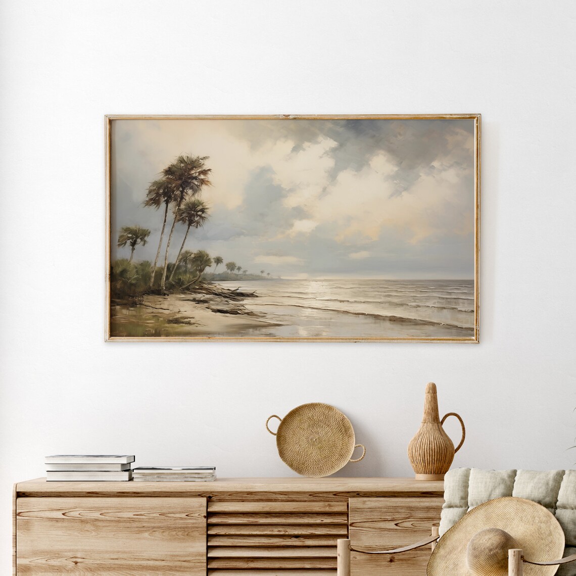 Moody Palm Tree Beach Overcast Vintage Coastal Seascape Gray Sky Poster - Image 3