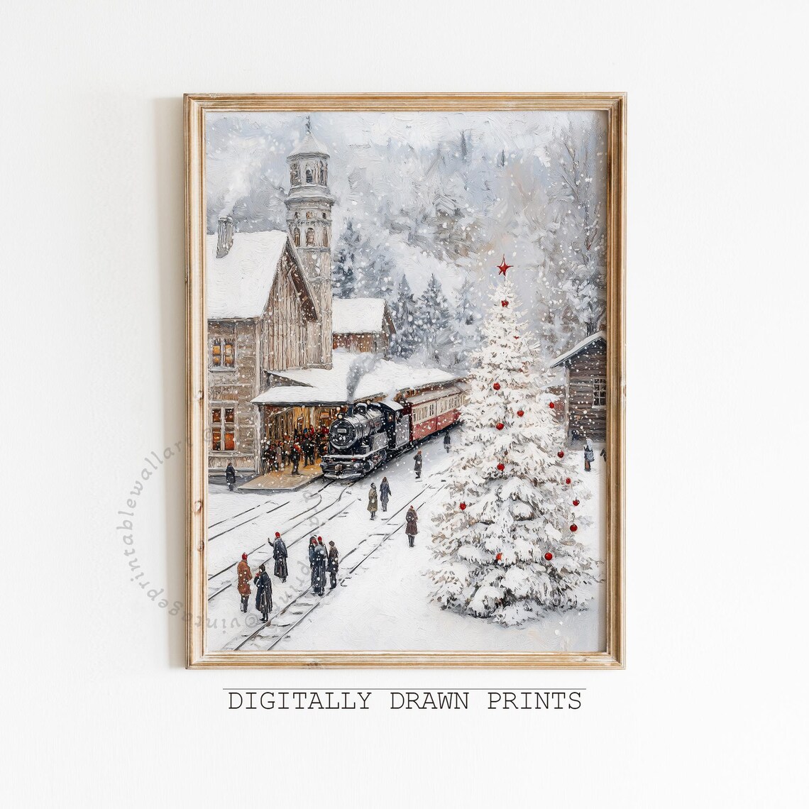 Vintage Christmas Train Station Art Print, Holiday