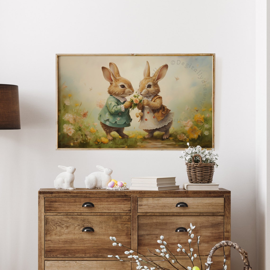 Two Dressed Bunnies Sharing Flower Bouquet Vintage Meadow TV Poster - Image 4