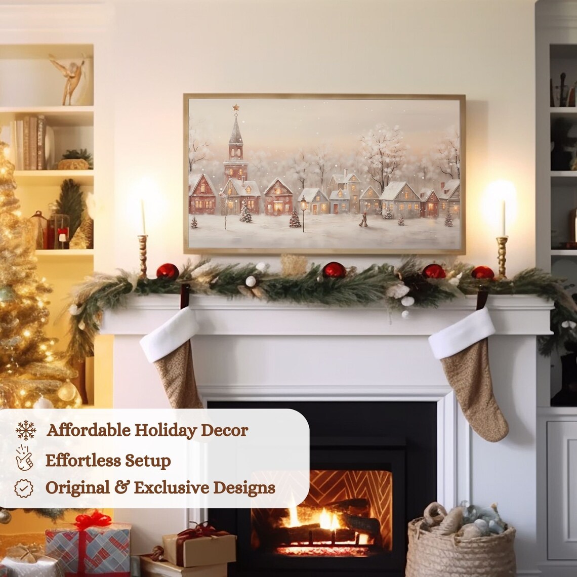 Vintage Christmas Town Painting, Scandinavian Decor Art Print - Image 3