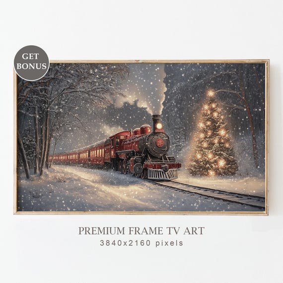 Vintage Christmas Train Art Print, Neutral Winter Scene