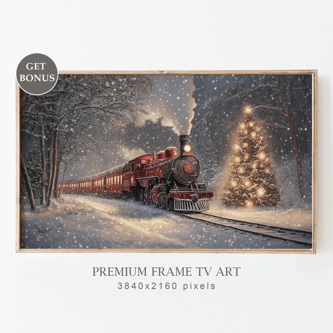 Vintage Christmas Train Art Print, Neutral Winter Scene