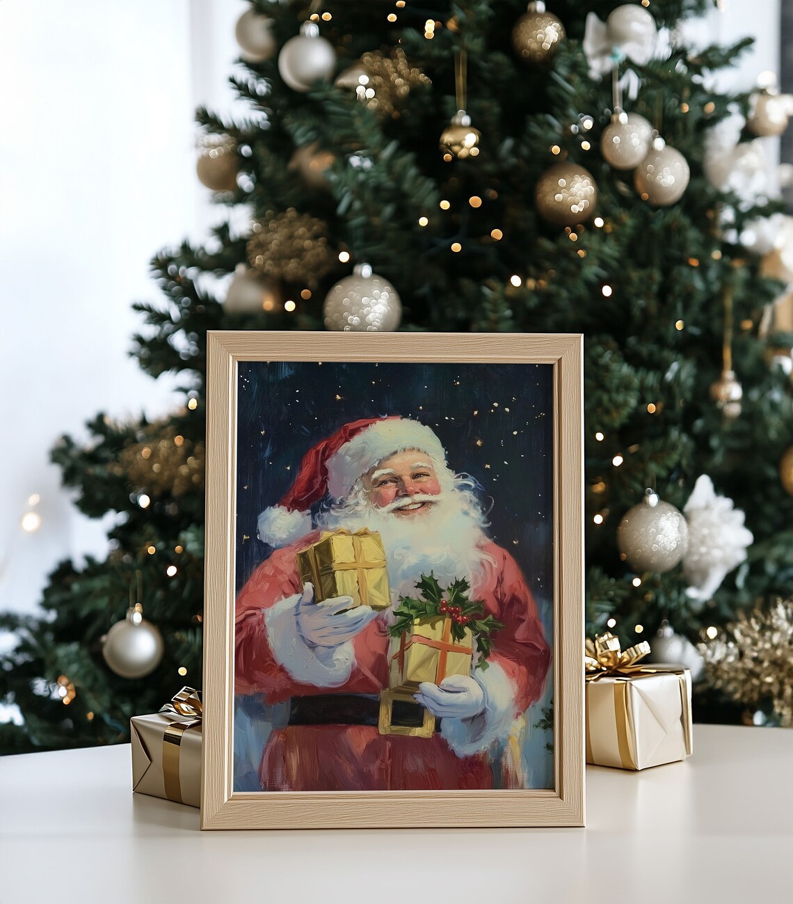Smiling Santa Claus Holding Gold Gifts Vintage Oil Painting Poster