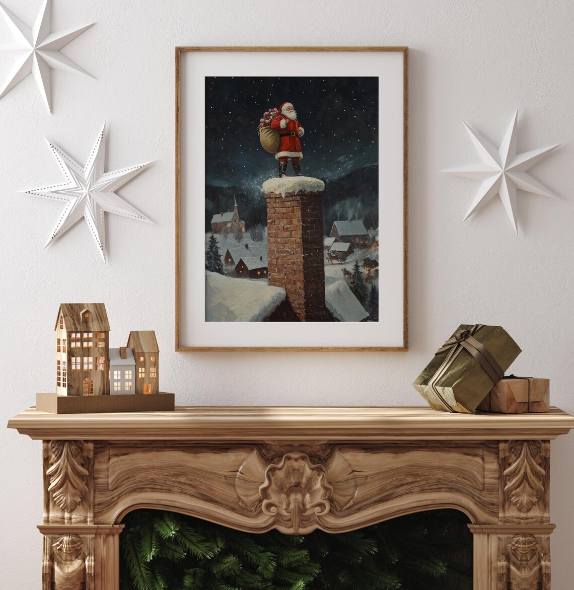 Vintage Santa On The Rooftop Christmas Art Print - Image 3