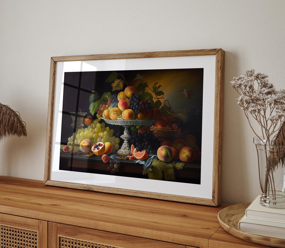Dark Old Master Fruit Still Life Peaches Grapes Compote Painting Print - Image 2