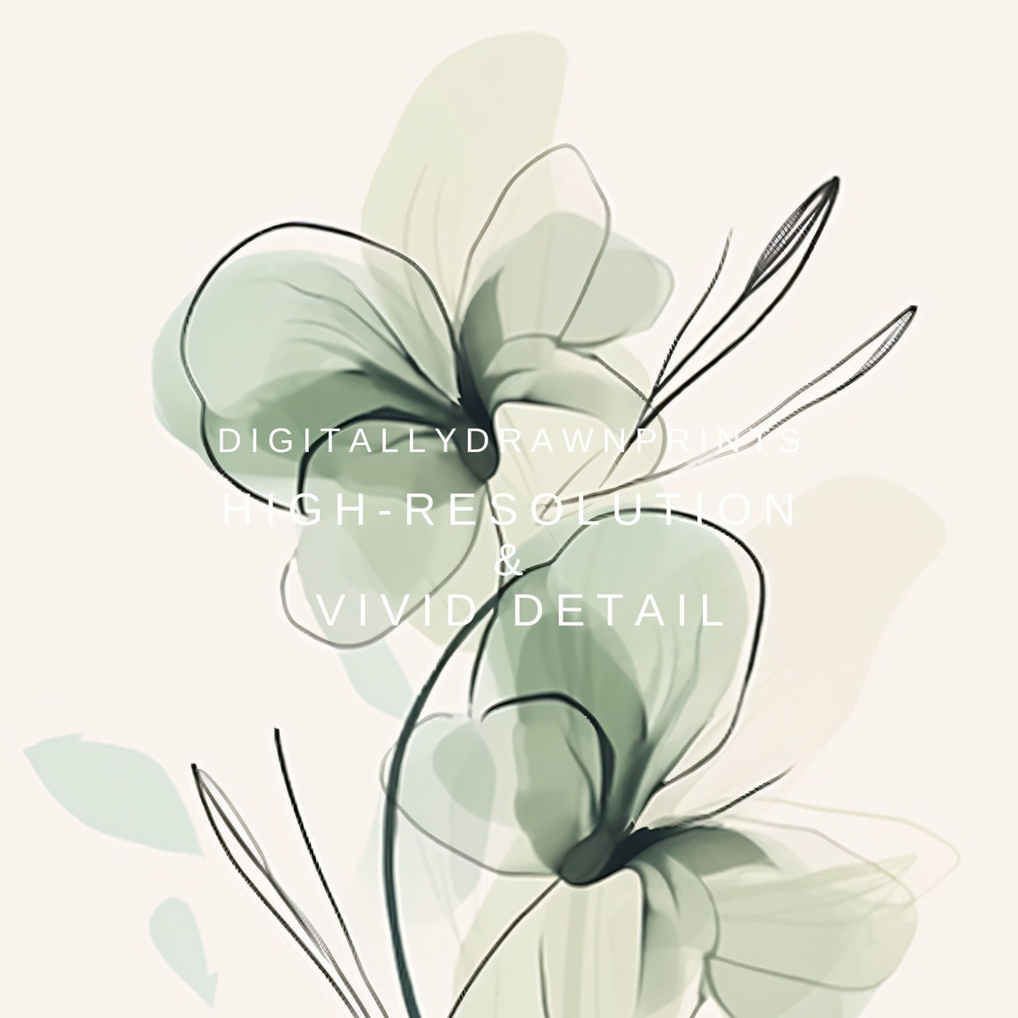 Pair of Sage Green Translucent Blooms Minimal Line Art Botanical Print - Image 2