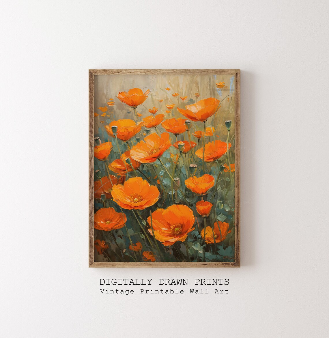 Vibrant Orange Poppies Field Vintage Floral Oil Painting Print - Image 3