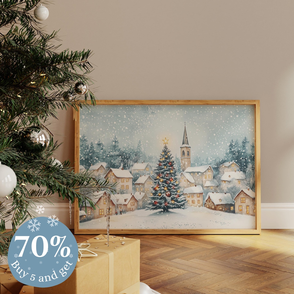 Snowy Christmas Village Church Steeple Lit Tree Glowing Windows Poster - Image 2