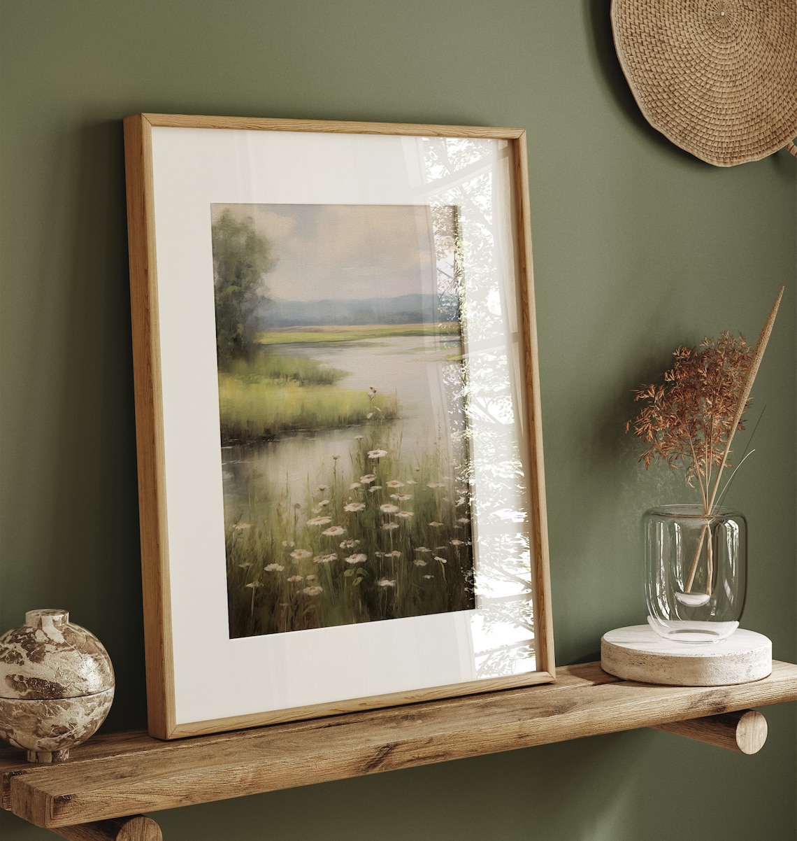 Daisies By Still Lake Vintage Floral Meadow Landscape Oil Painting Poster - Image 4