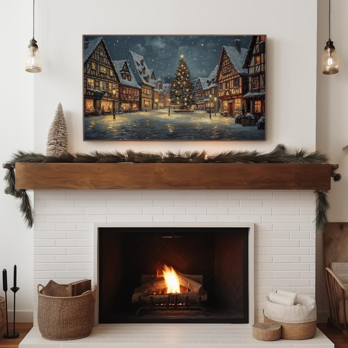 Moody Christmas Frame Tv Art Vintage Christmas Town Tv Art Snowy Village Landscape Christmas Tree Painting Winter Tv Screensaver - Image 2