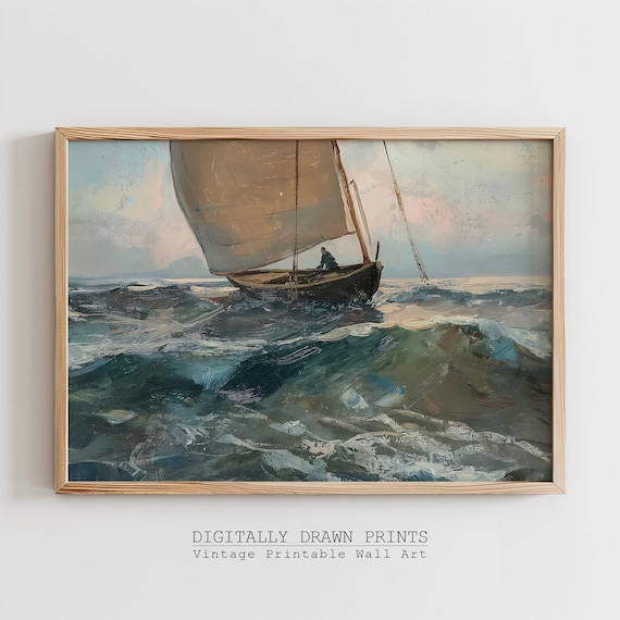 Moody Summer Coastal Landscape Painting Vintage Beach Print Coastal Print Ocean Wall Art Farmhouse Decor