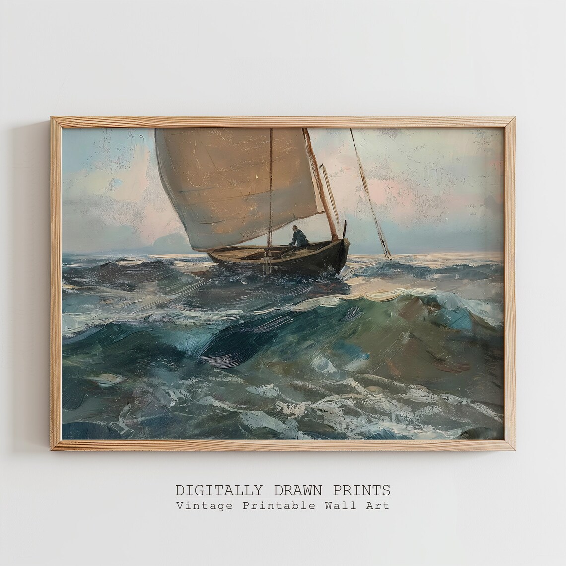 Lone Sailboat Rough Teal Waves Vintage Marine Oil Painting Nautical Poster