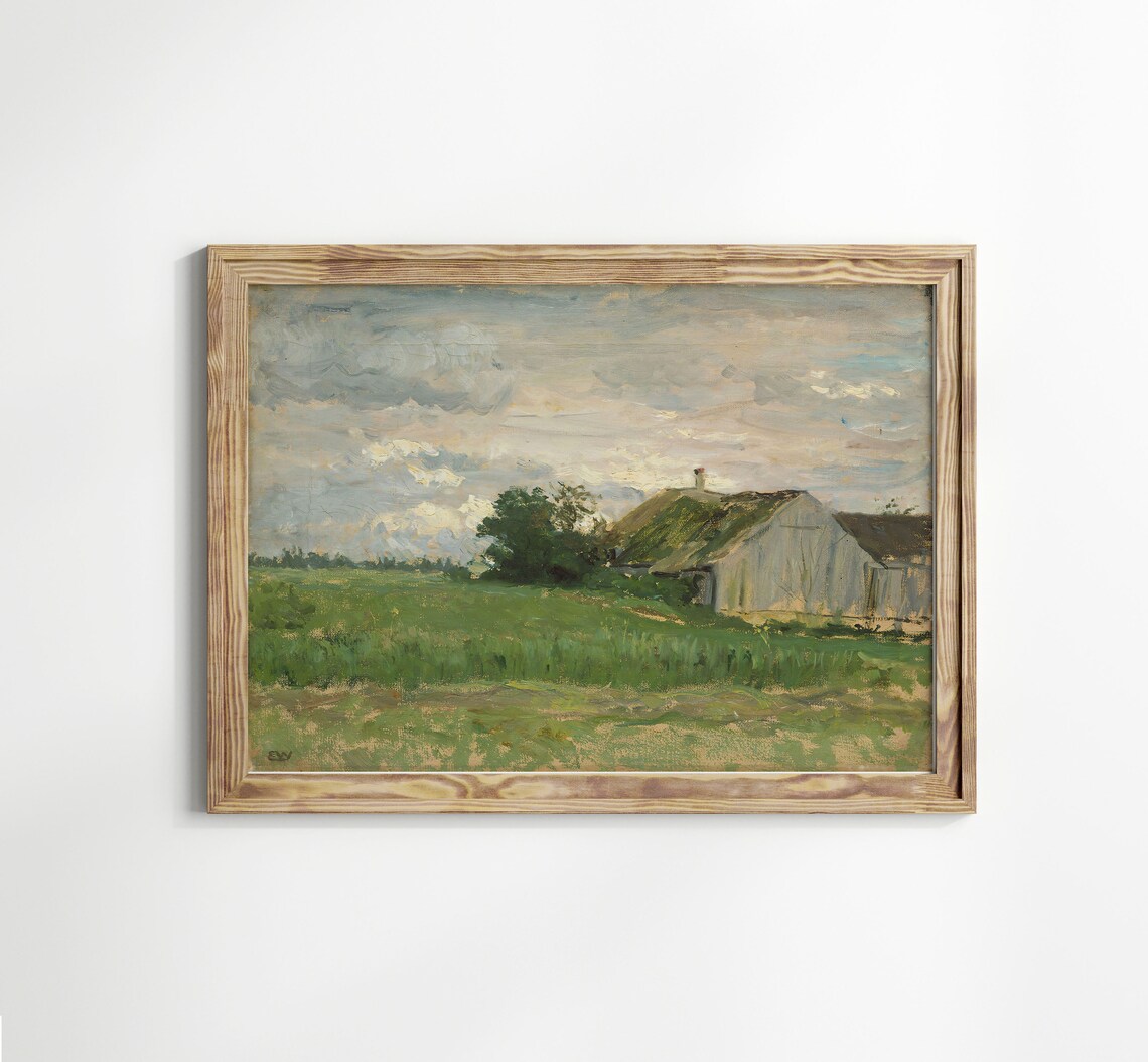 Whitewashed Farmhouse Green Meadow Cloudy Sky Vintage Countryside Poster - Image 3