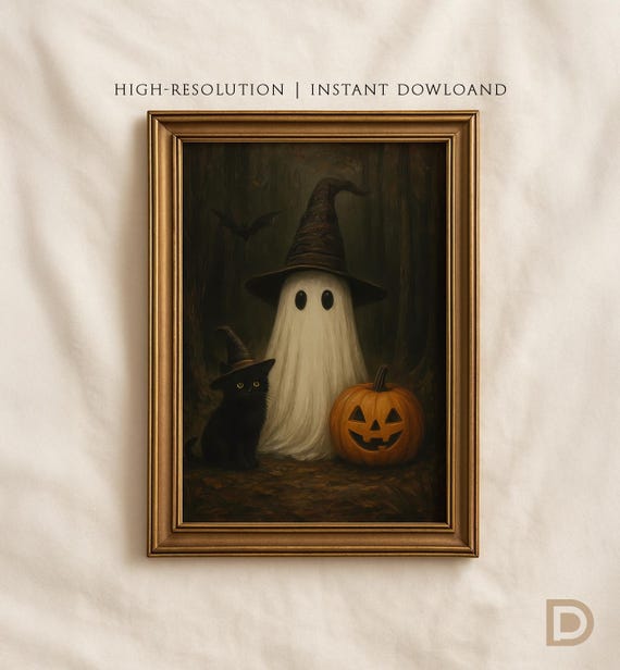 Vintage Halloween Black Cat and Pumpkin Art Print