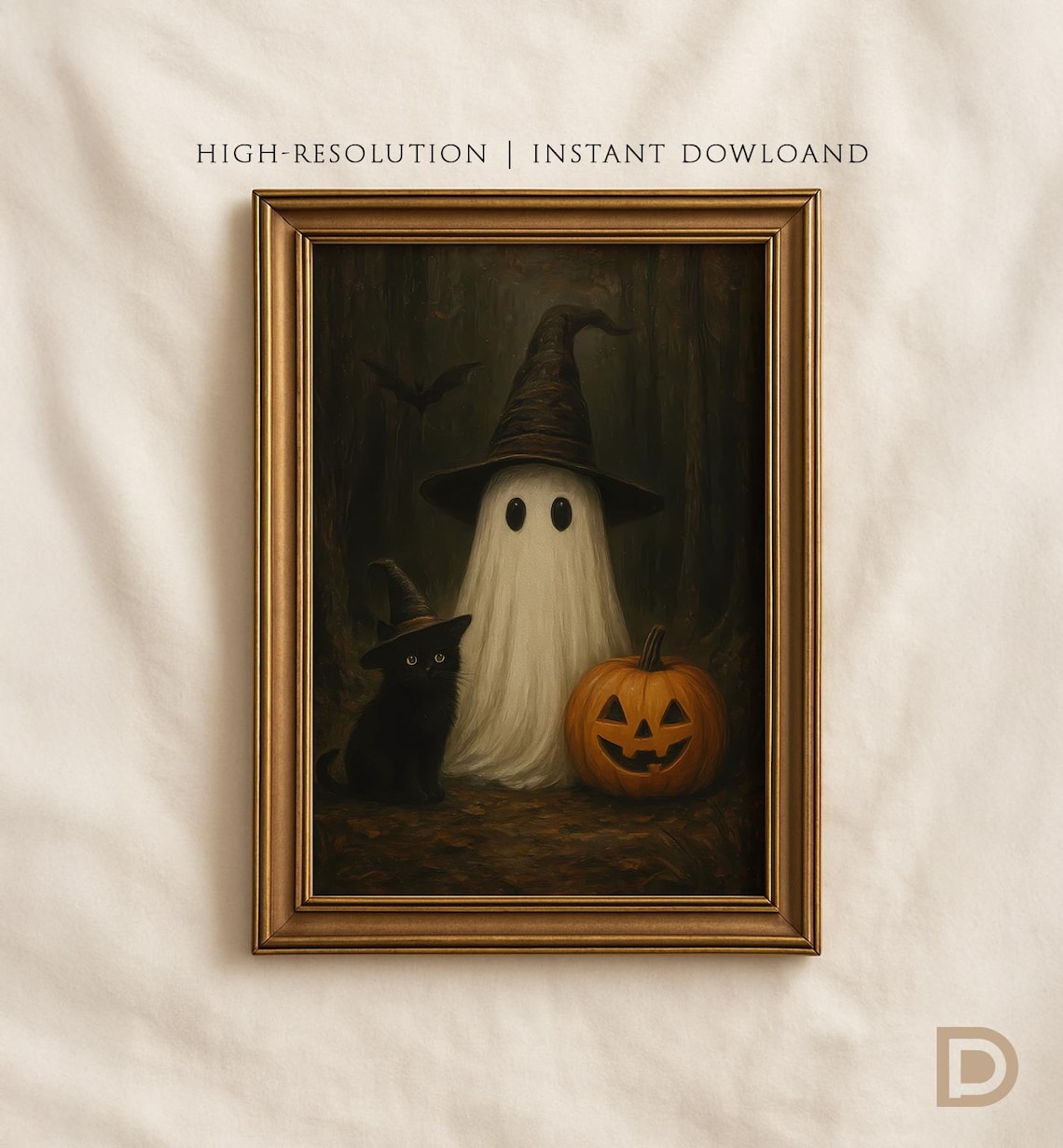 Vintage Halloween Black Cat and Pumpkin Art Print