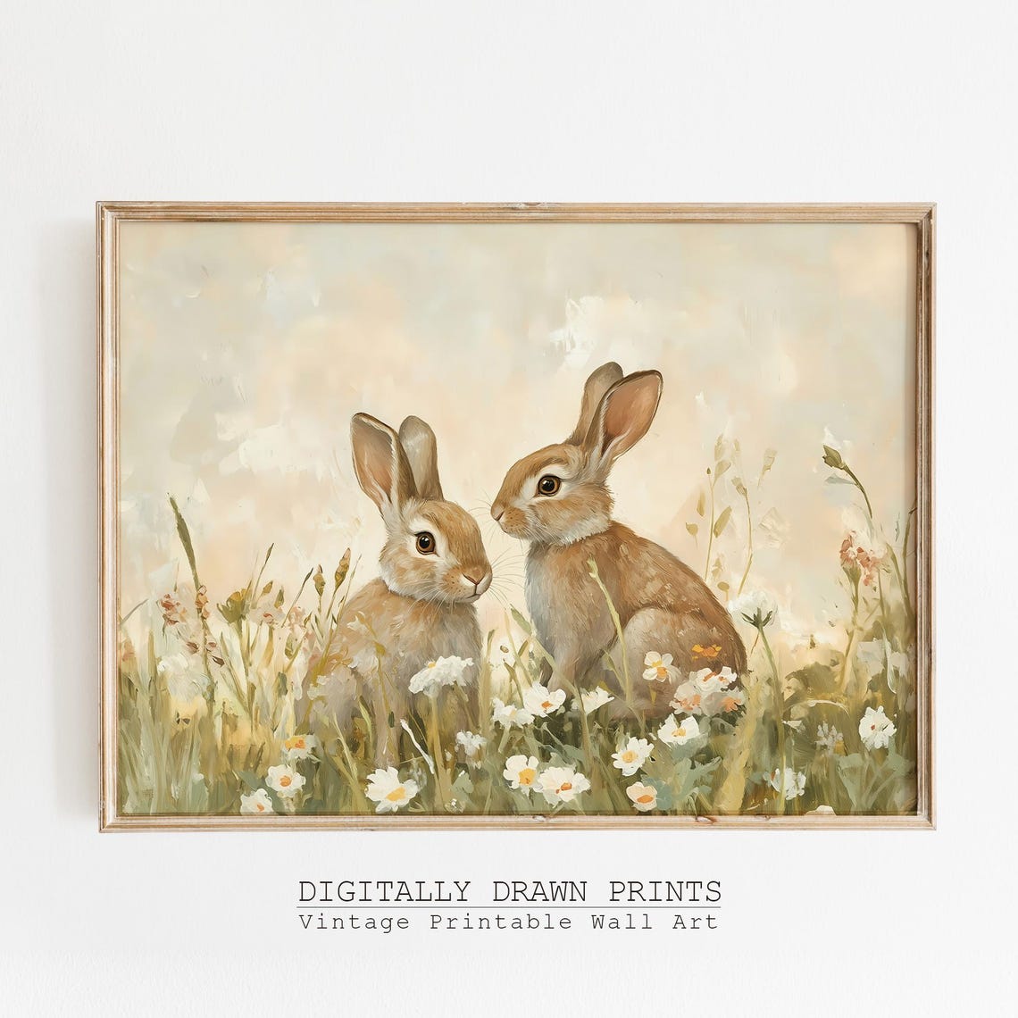 Vintage Easter Bunny Pair Among Wildflowers Cream Background Poster