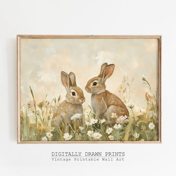 Vintage Easter Bunny Wall Art Wildflowers Rabbit Print Neutral Farmhouse Decor Spring Rustic