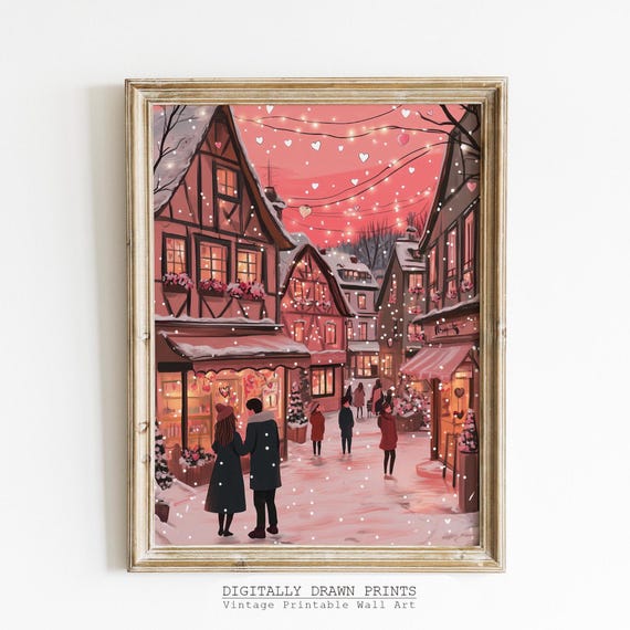Valentines Day Romantic Village Wall Art Print Cute Pink Valentines Day Art Valentines Day Print Farmhouse Love Decor