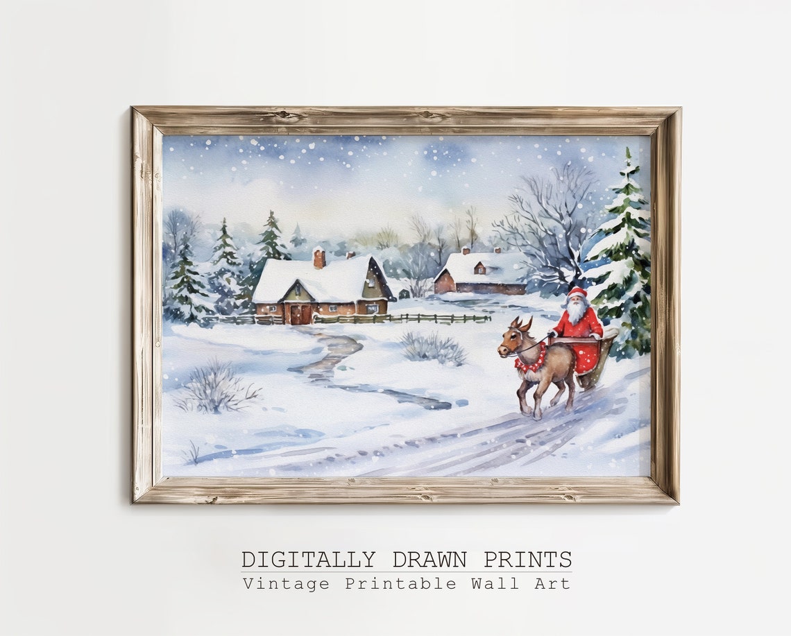 Christmas Wall Art Vintage Santa Oil Painting And Snowy Village Seasonal Christmas Decor Christmas Art Print - Image 3