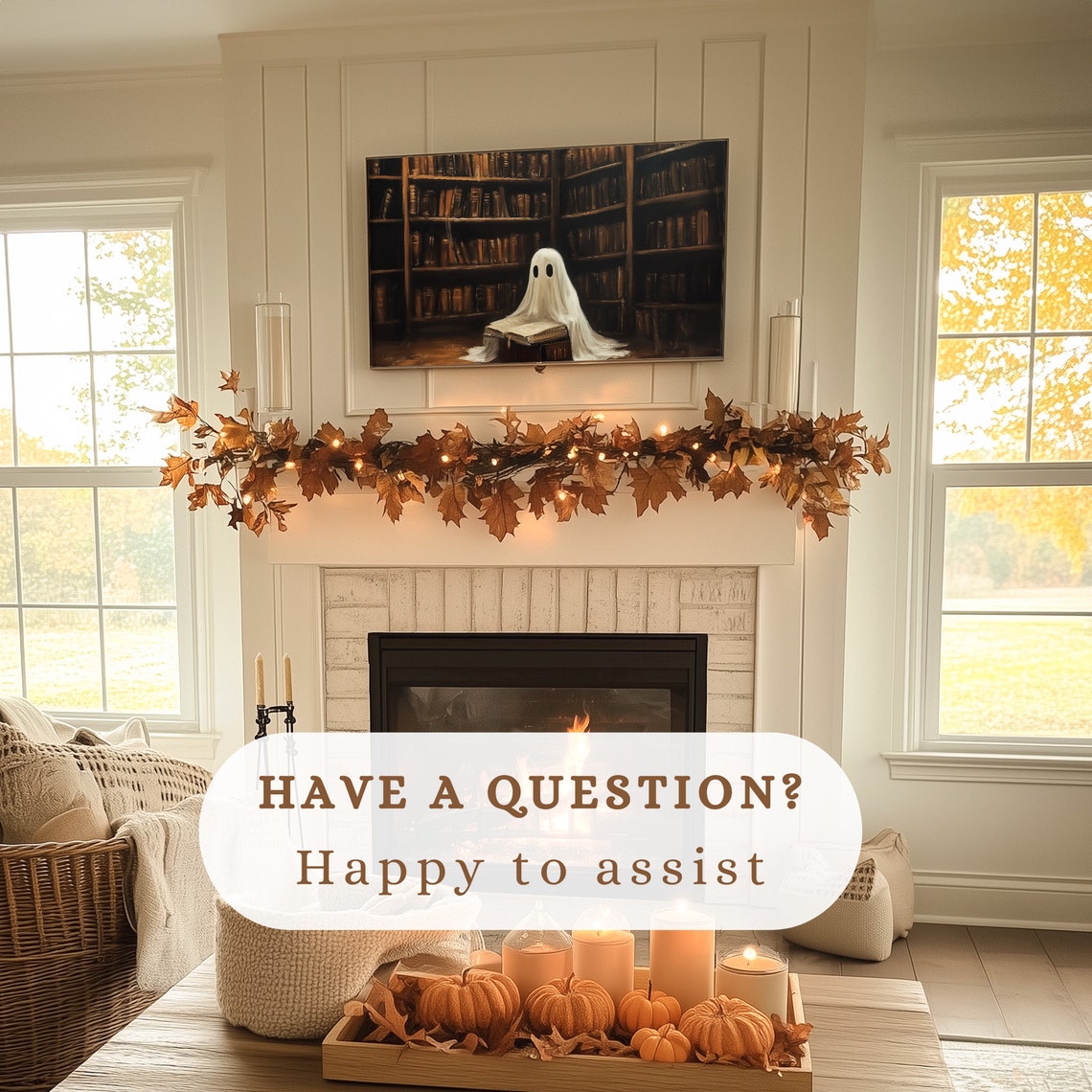 Cute Ghost Reading Library Books Spooky Halloween Decor Poster - Image 3