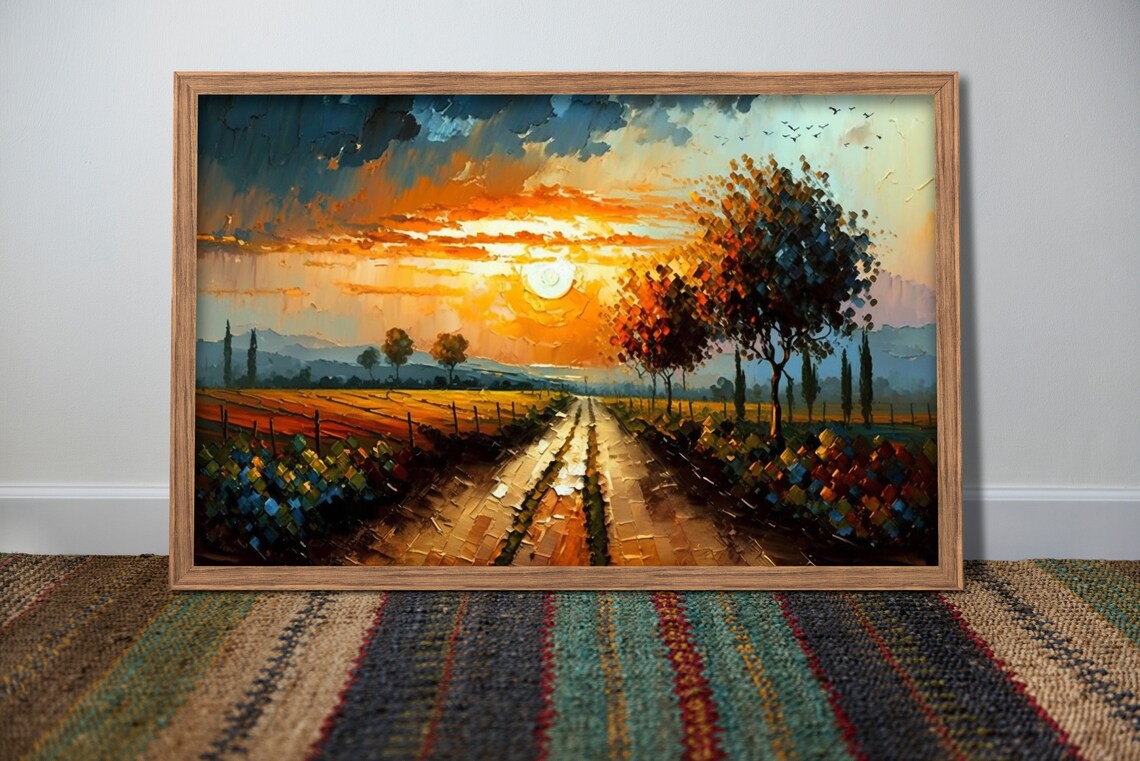 Sunrise Country Lane Golden Fields Birds Flying Vintage Art Poster - Image 3