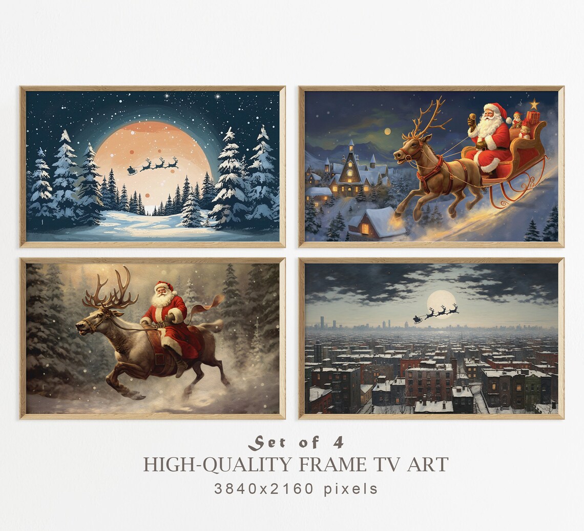 Set Of 4 Santa Sleigh Christmas Night Scenes Vintage Holiday Art Print