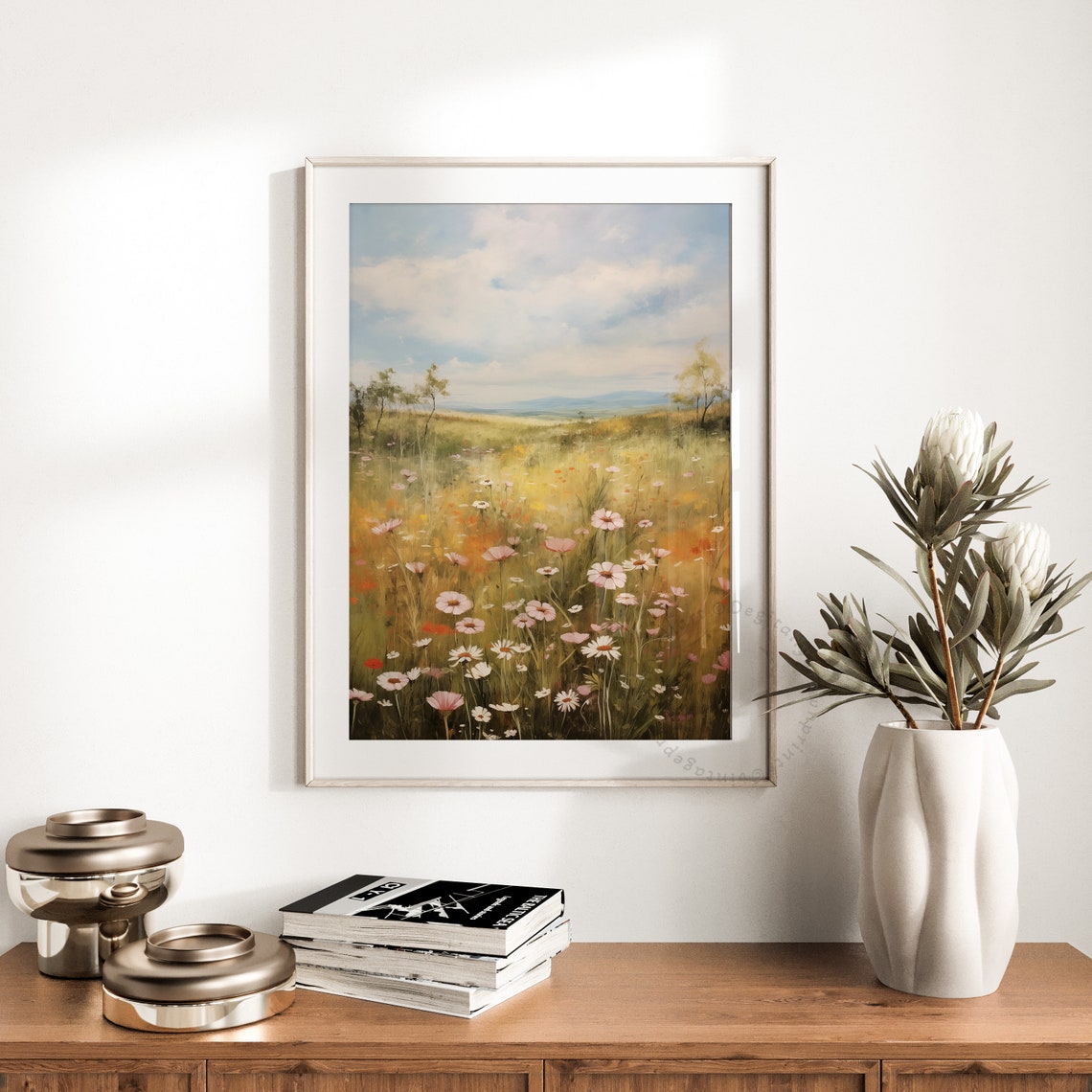 Pink White Cosmos Meadow Distant Hills Blue Sky Vintage Oil Print - Image 3