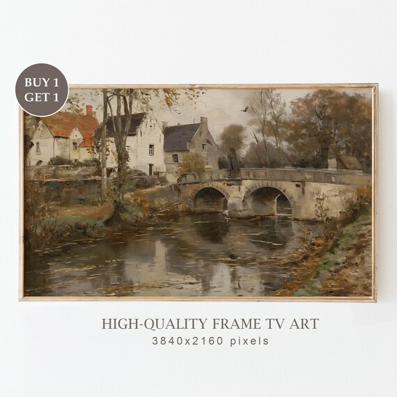 Moody Frame Tv Art Vintage Country Oil Painting Retro European Village Frame Tv Art Cottagecore Wall Art Decor