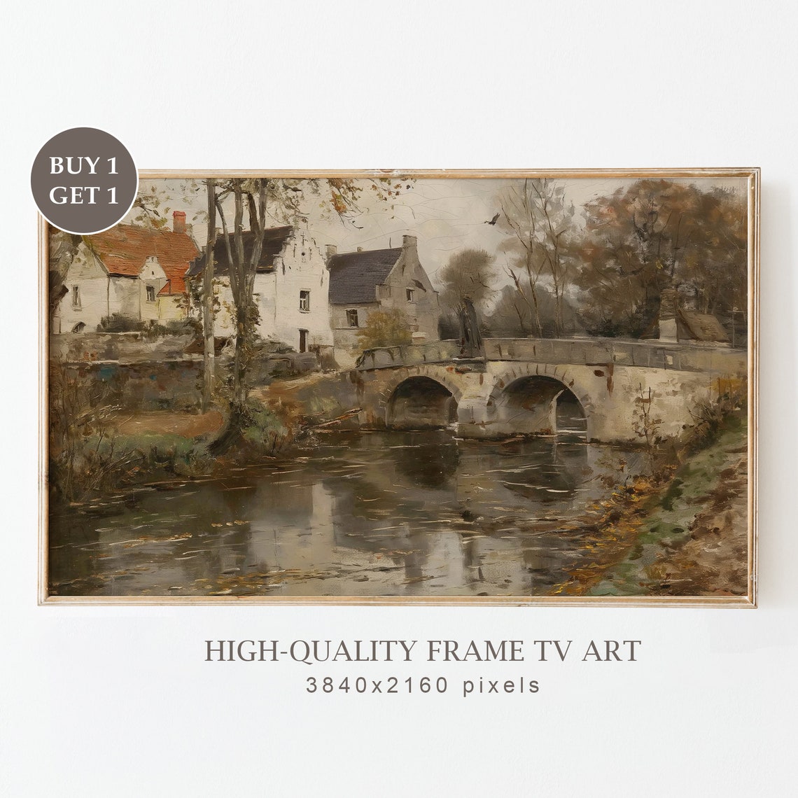 Moody Frame Tv Art Vintage Country Oil Painting Retro European Village Frame Tv Art Cottagecore Wall Art Decor