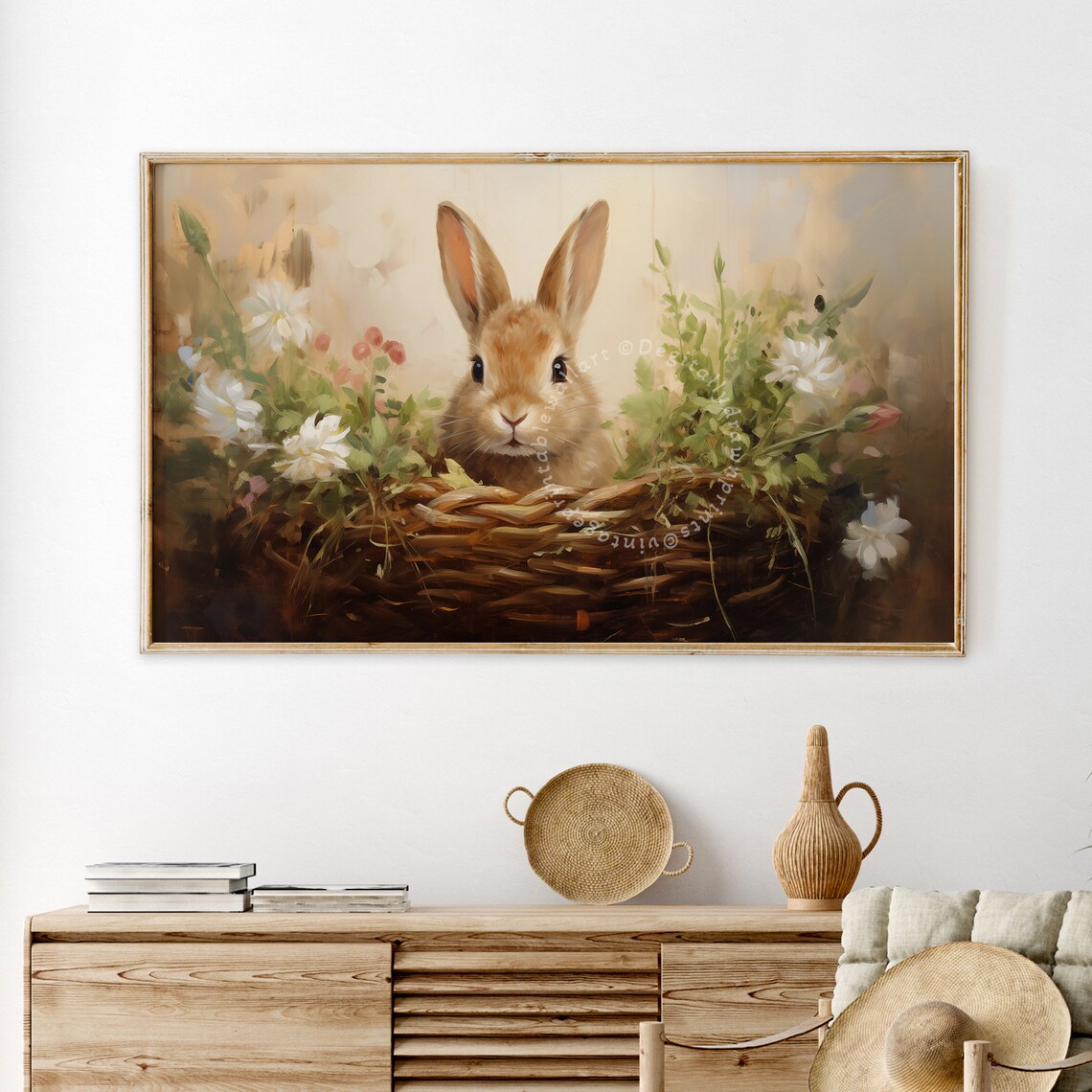 Vintage Easter Bunny Antique Oil Painting Art Print - Image 2