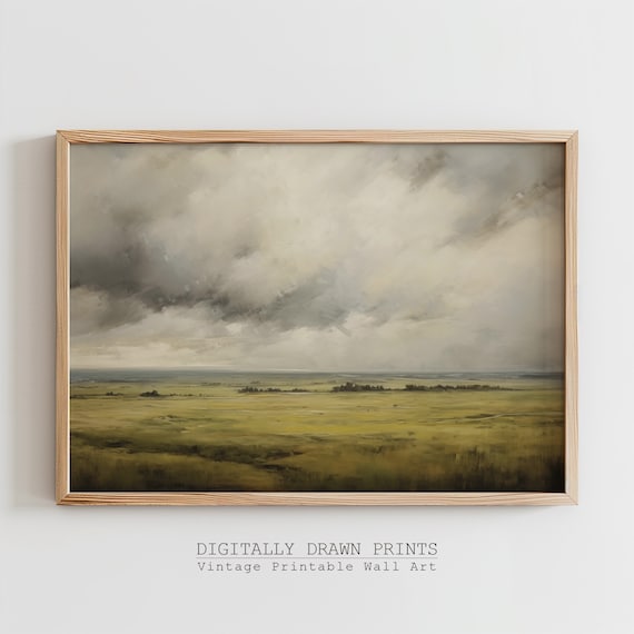 Cloudy Vintage Spring Wall Art Moody Country Landscape Painting Antique Painting Neutral Summer Print