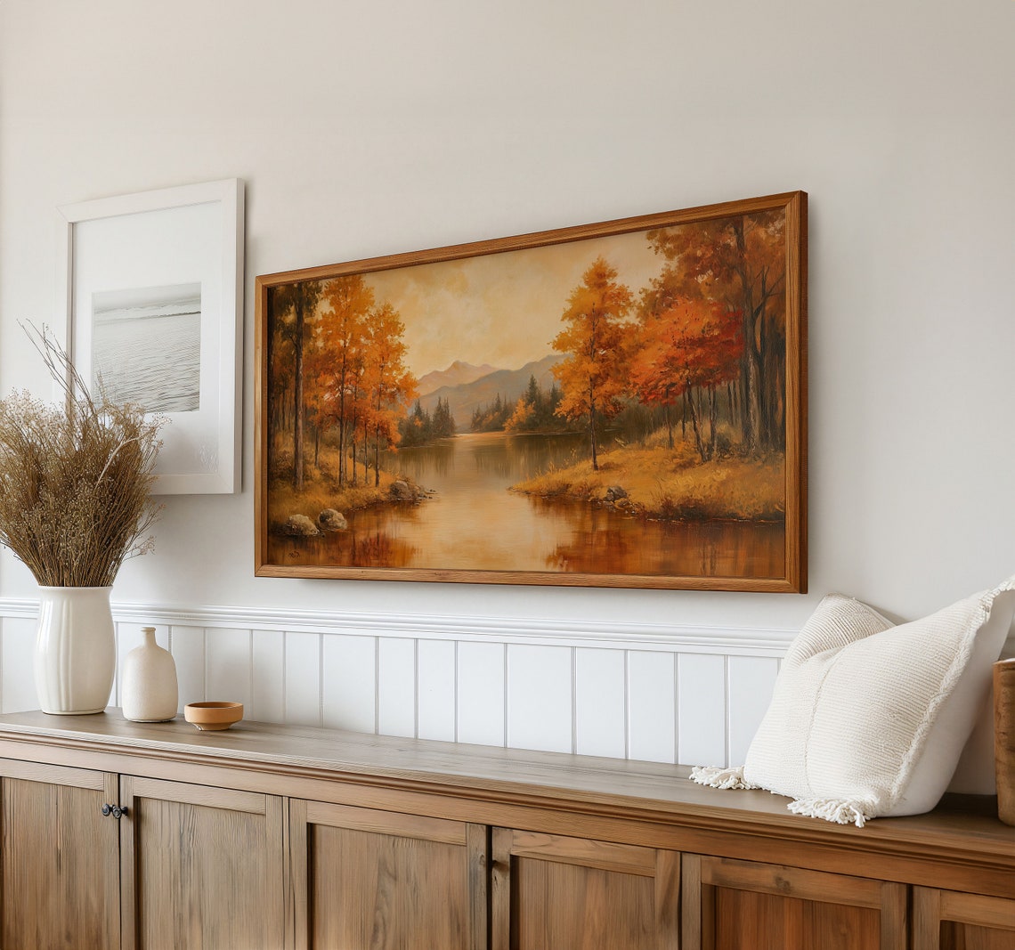 Golden Autumn Riverside Mountains Warm Light Mirror Reflections Poster - Image 2
