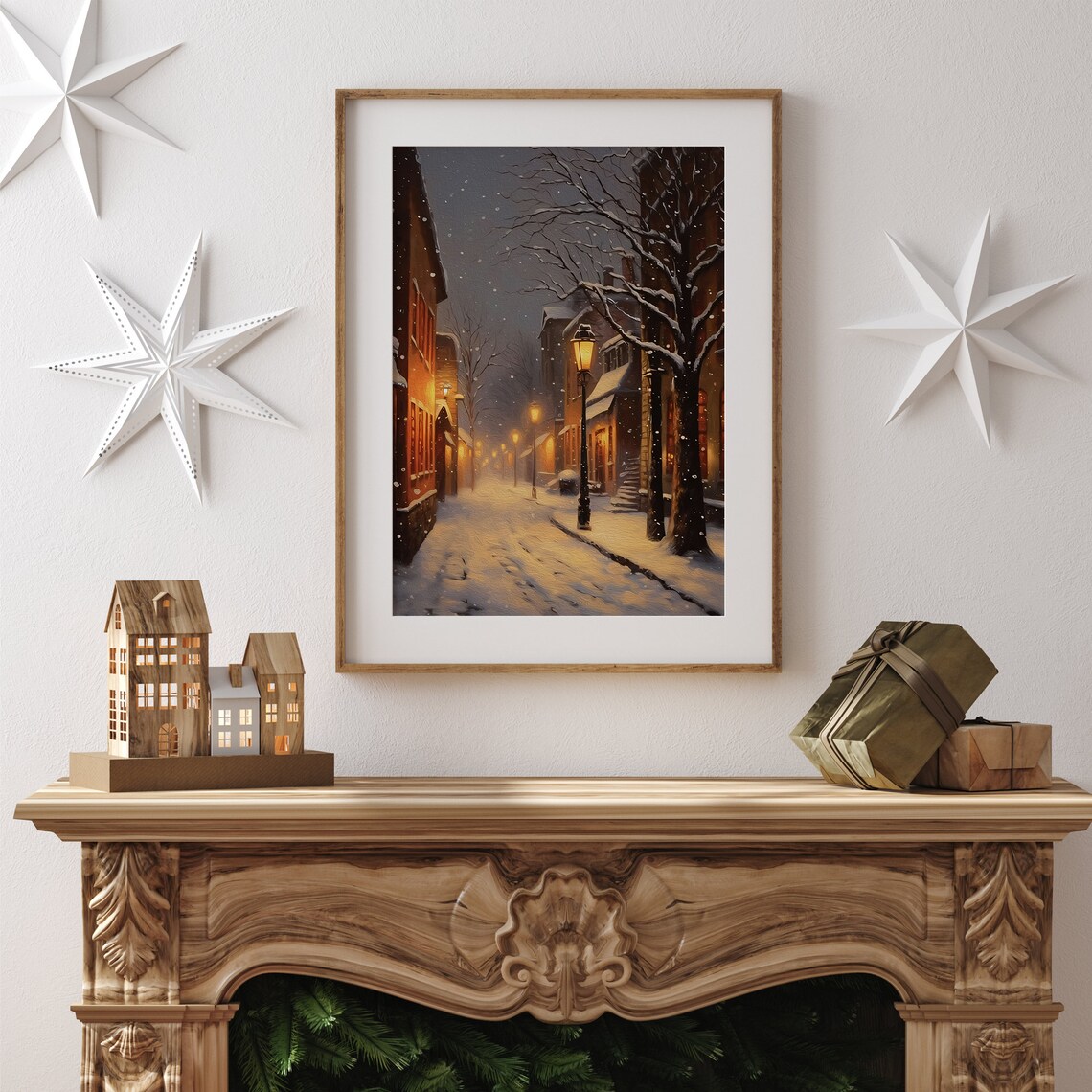 Snowy Night Street With Glowing Lampposts Winter City Snow Wall Art - Image 3