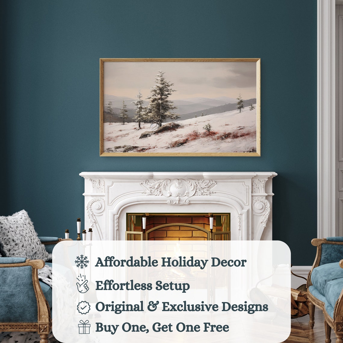 Moody Snow Covered Mountain Slope With Evergreens Winter Oil Poster - Image 3