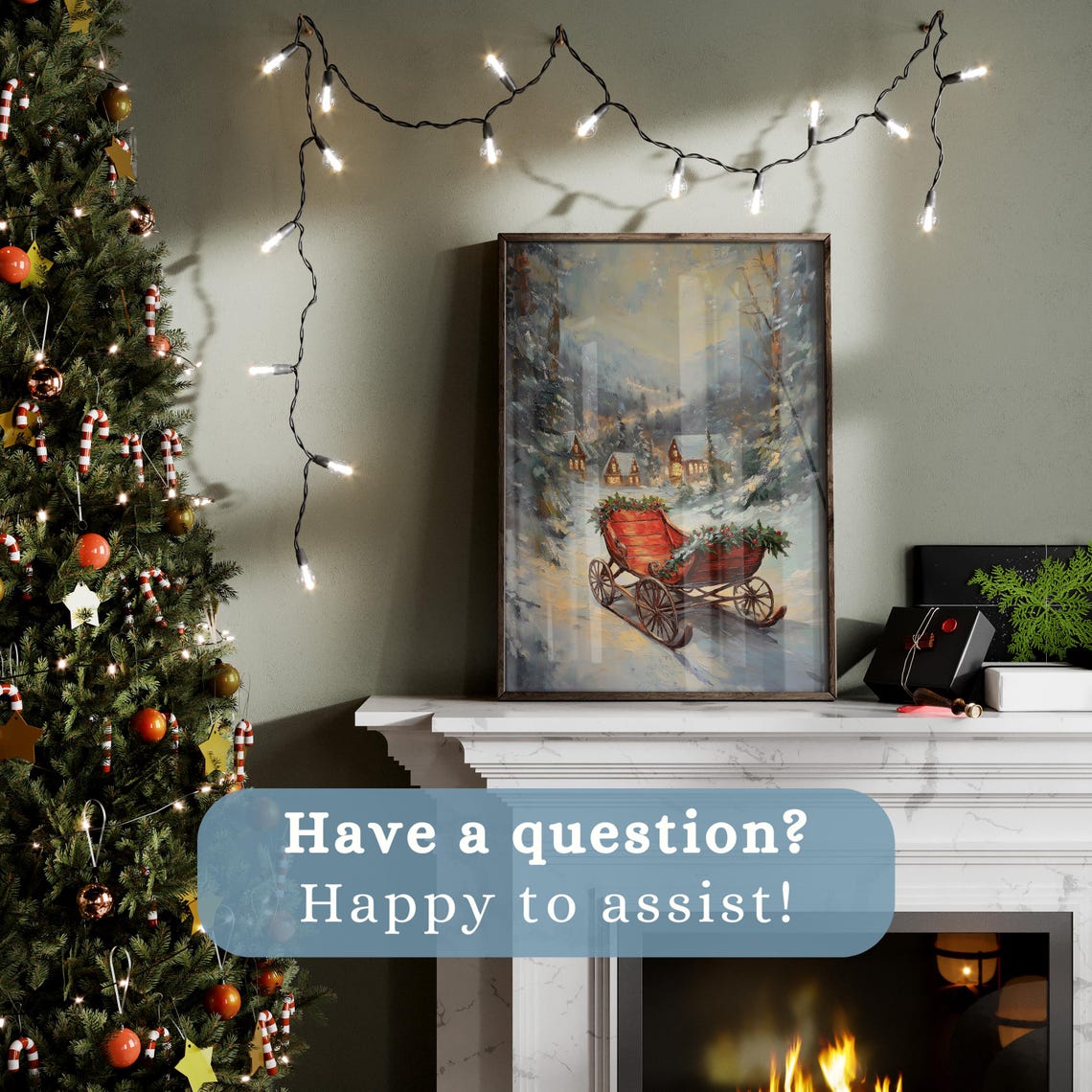 Red Christmas Sleigh Holly Decorated Snowy Village Scene Poster - Image 3