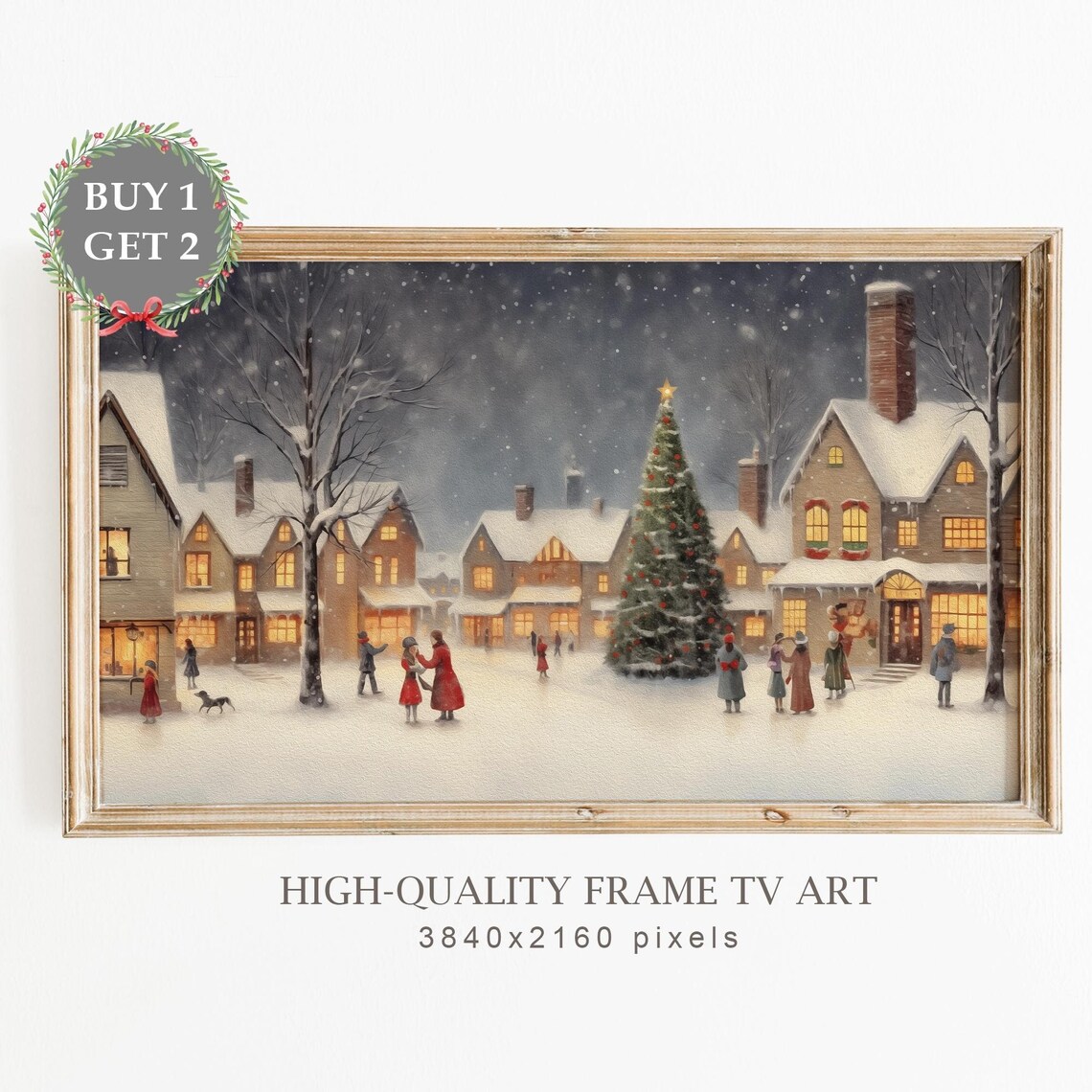 Snowy Village At Night Christmas Tree Snowy Square Scene Art Poster